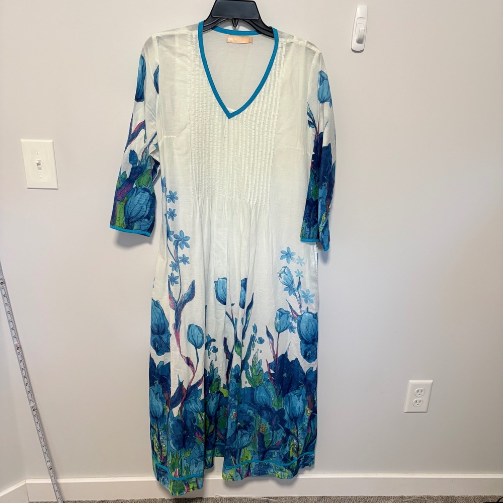 La Cera Floral Pintuck Midi Dress Womens White Blue Size S Cotton V-Neck Pockets